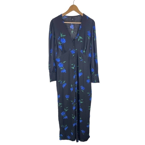 Nobody's Child Button Front Tea Jumpsuit Black Blue Floral Viscose Women's US 12 - Picture 2 of 14